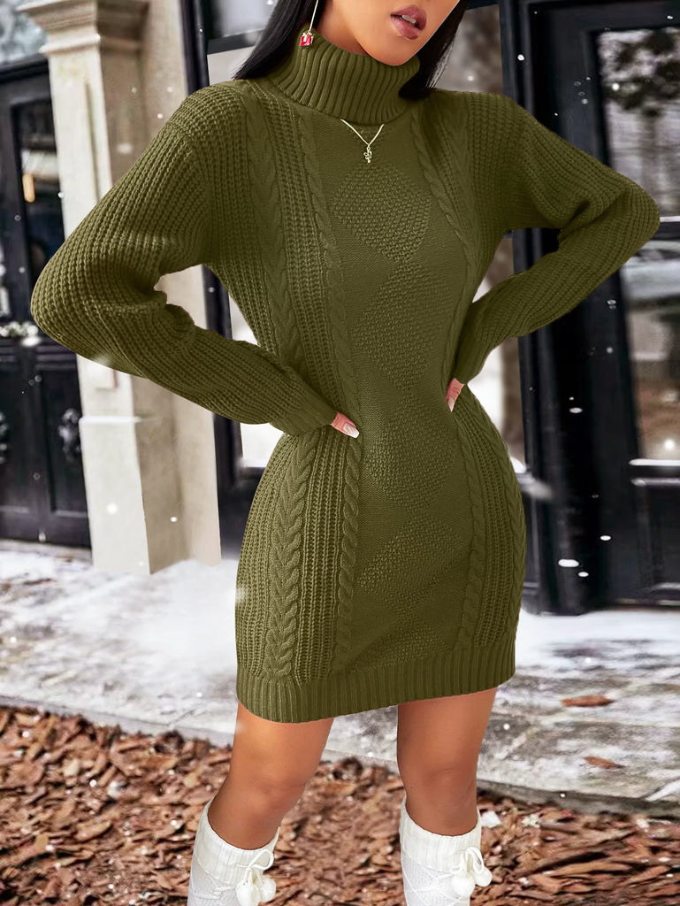 Solid Color Turtleneck Sweater Dress For Women Long Sleeve