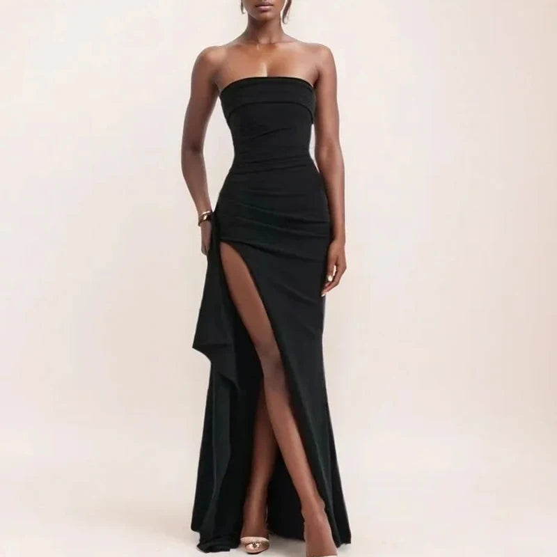 Backless Strapless Evening Dress With Slit Long Gown