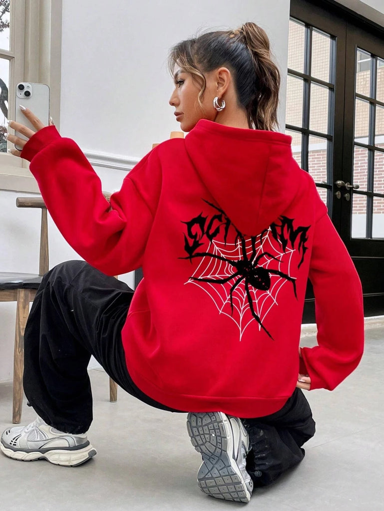 Spider Web Print Hoodie Women Harajuku Oversized Sweatshirt