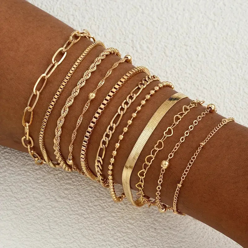 Stunning 11pcs Chic Snake Chain Bracelet Set for Women, featuring elegant boho designs with hearts and geometric motifs.