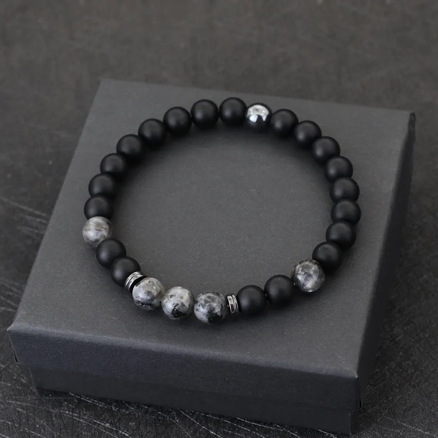 Stylish Handmade Men's Natural Stone Bracelet with 8mm Onyx and Tiger Eye Beads for Healing and Style on display.