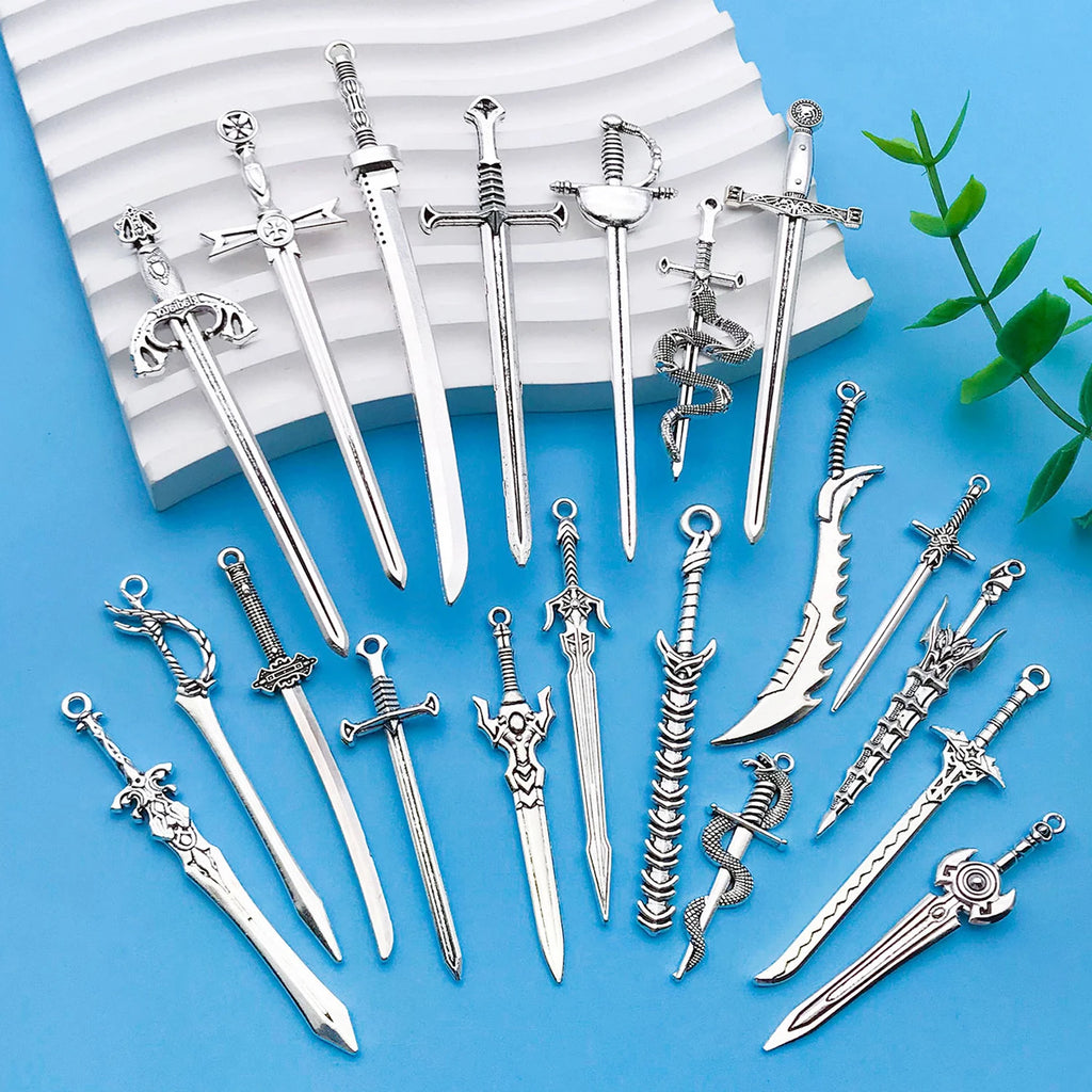 20 Pieces Ancient Silvery Sword Shape Bookmark Set for DIY Jewelry Keychain and Necklace Crafts, perfect for creative projects.