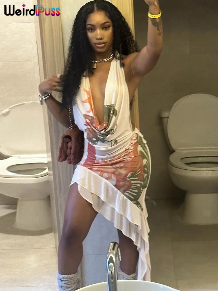 Backless Halter Bodycon Dress With Deep V Neck Y2K Clubwear