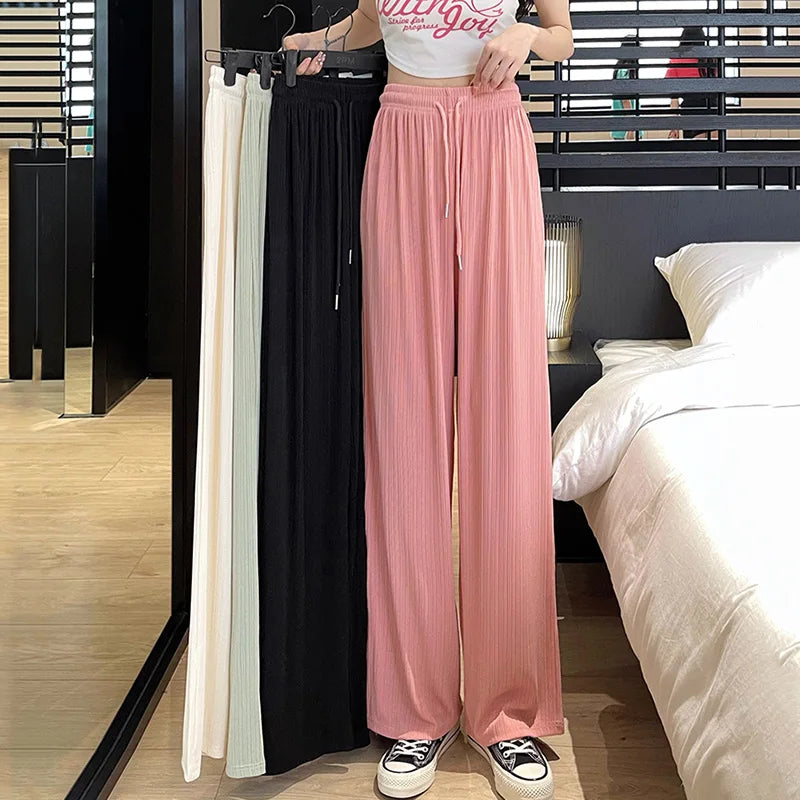 2024 Summer Women High Waist Wide Leg Pants in pink and other colors, perfect for stylish and cool outdoor wear.