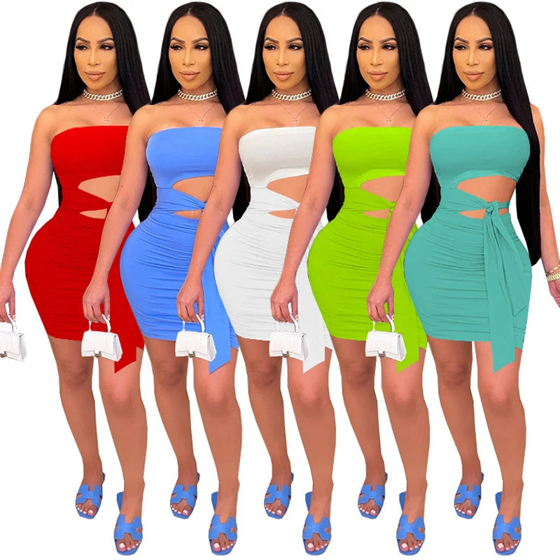 Sexy Sleeveless Bodycon Dress Open Belly Bow Lace Up Party