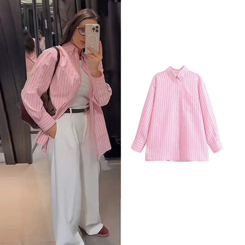 Chic Pink Striped Loose Fit Long Sleeve Blouse for Women Elegant Casual Street Style Shirt, perfect for spring fashion.