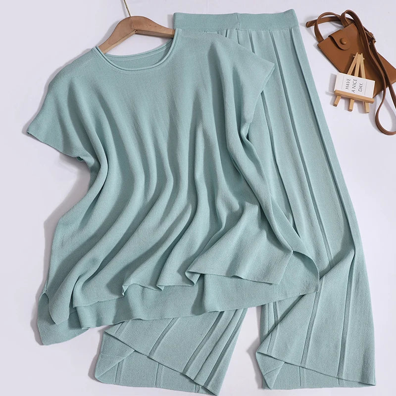 Women Chic Summer Two-Piece Set Loose Raglan Sleeve Camisole Pleated Wide Leg Pants with Split Top and Elastic Waistband Casual Spring Outfit