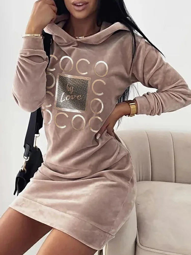 Hooded Love Print Sweater Dress For Women With Long Sleeves