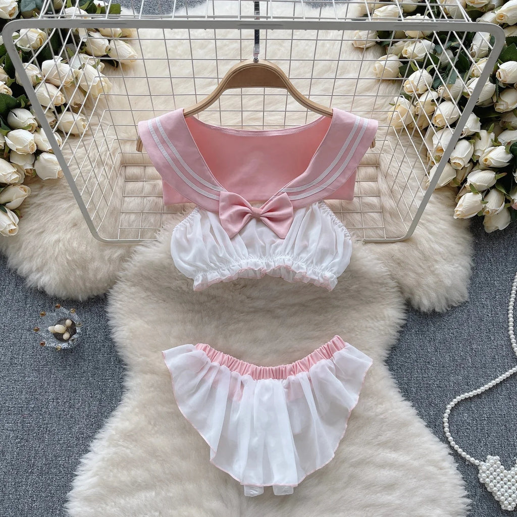 Pink Two Piece Pajama Set Sleeveless Crop Top And Mini Skirt