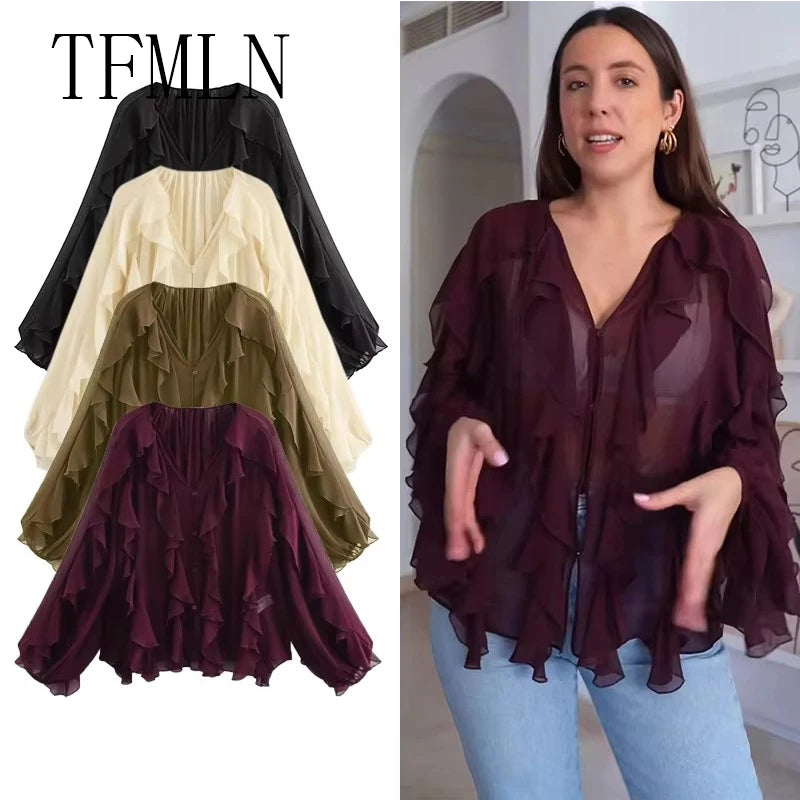 TFMLN Sexy Women Translucent Ruffle Blouse V Neck Single Breasted Tiered Casual Top Beach Style Solid Shirt in various colors.