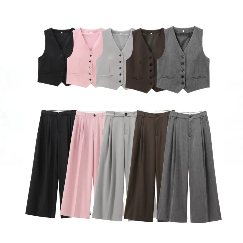 Women Slim-Fit Suit Vest and Trousers Set Vintage V-Neck Sleeveless Chic Summer Outfit in various stylish colors.