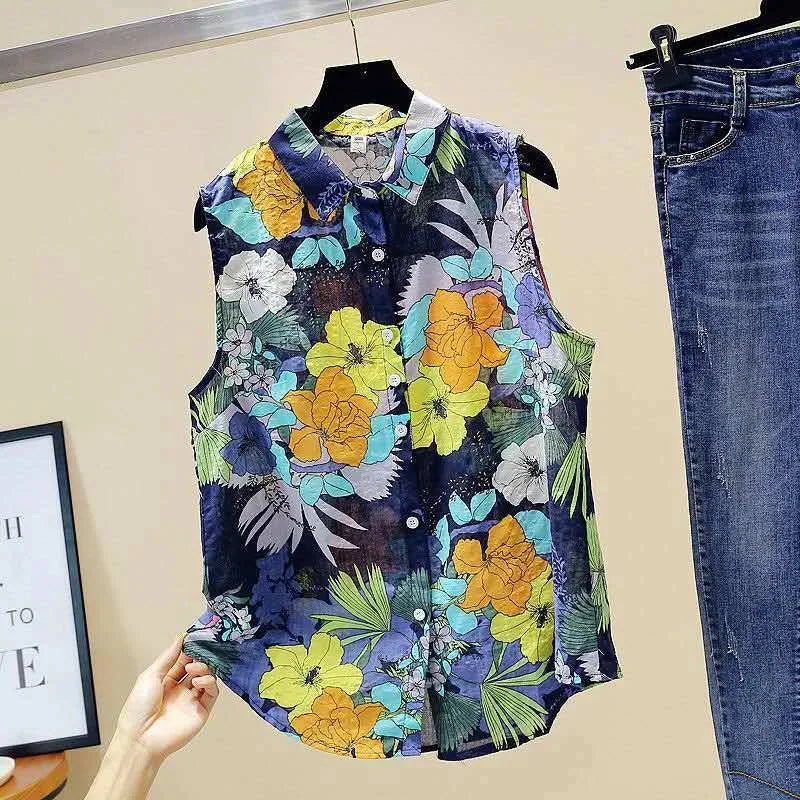 Brightly printed Women Sleeveless Summer Blouse Shirt Casual Turn-Down Collar Printed Lightweight Top for warm weather style.