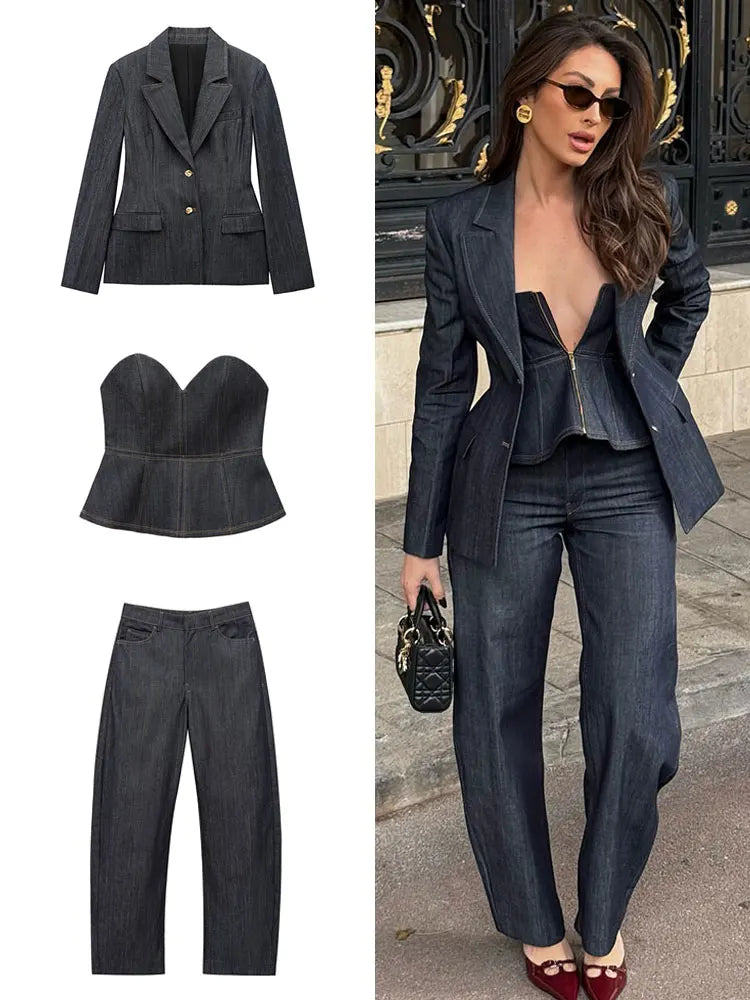 Women Denim Jacket and Pants Set with Long Sleeve Blazer, Strapless Vest, and Straight Leg Jeans High Street Fashion Outfit