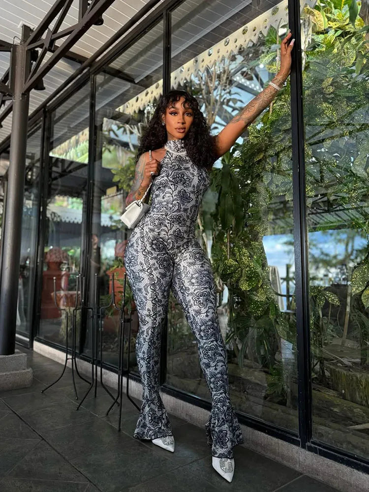 Stylish Attractive Y2K Women Jumpsuit Fashion Print Halter Neck Backless design, perfect for nightclub parties.