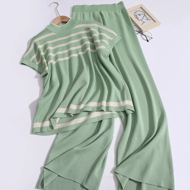 Stylish Women Casual Striped Sleeveless O-Neck Pullover and Wide Leg Elastic Waist Knit Two-Piece Set in green.