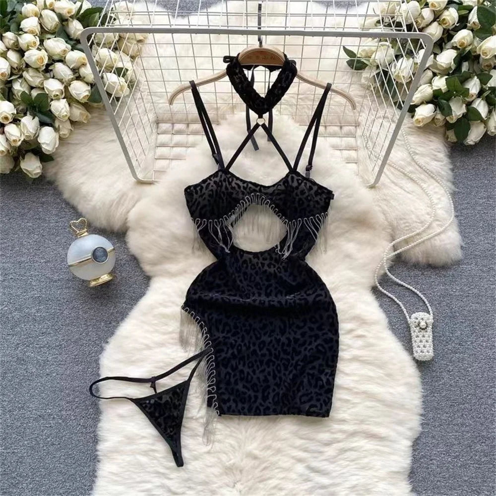 Leopard Print Lingerie Halter Nightwear Side Slit Tassels