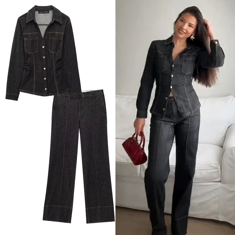 Stylish Women's Denim Pants Set 2 Piece Outfit with Long Sleeve Tops and Wide Leg Trousers for Casual Elegance.