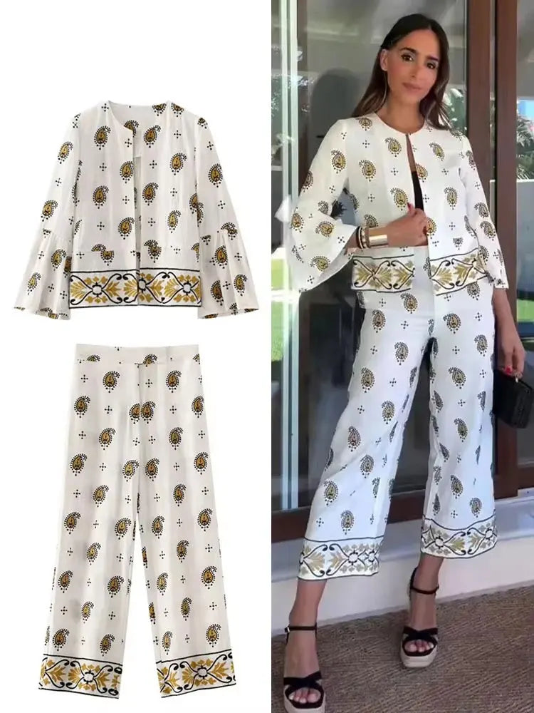 Embroidered Women's Pant Set With Long Sleeve Cardigan Top Wide Leg Trousers