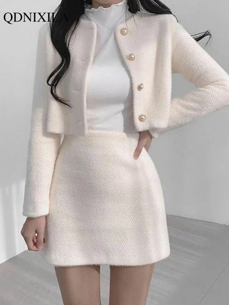 Korean Style Womens Tweed Suit Set With Mini Skirt