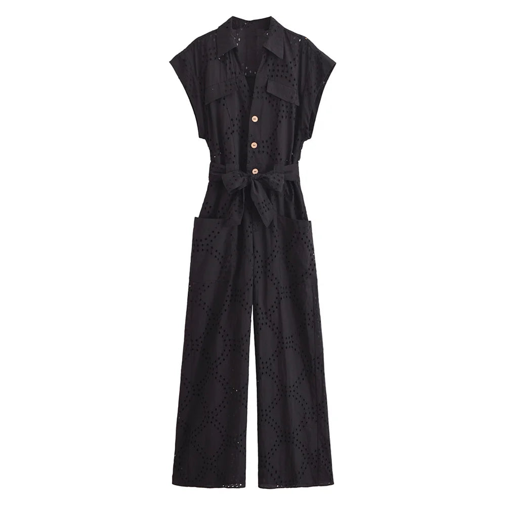 Stylish Casual Women's Short Sleeve Jumpsuit with Bow Waist Strap and Hollow Embroidery, perfect for summer fashion.