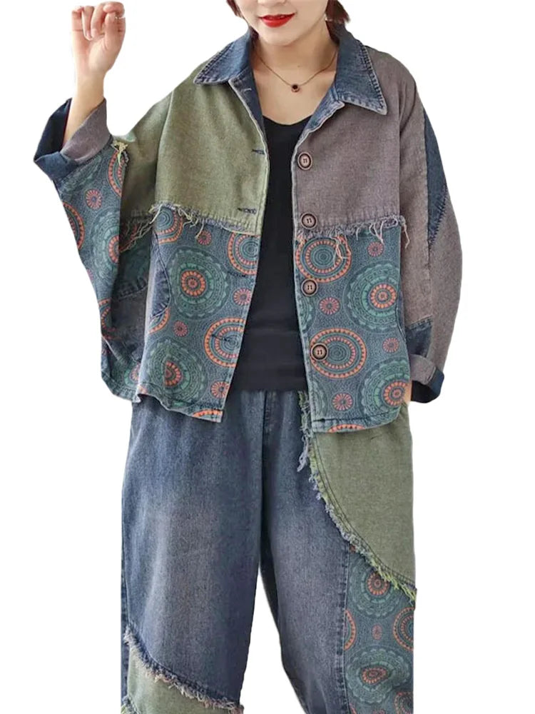 Women’s Vintage Denim Two Piece Set Casual Loose Printed Jacket and Classic Punk Jeans Suit