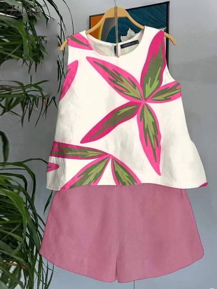 Women Two Piece Shorts Set Casual Sleeveless Tank Top Printed Summer Outfit