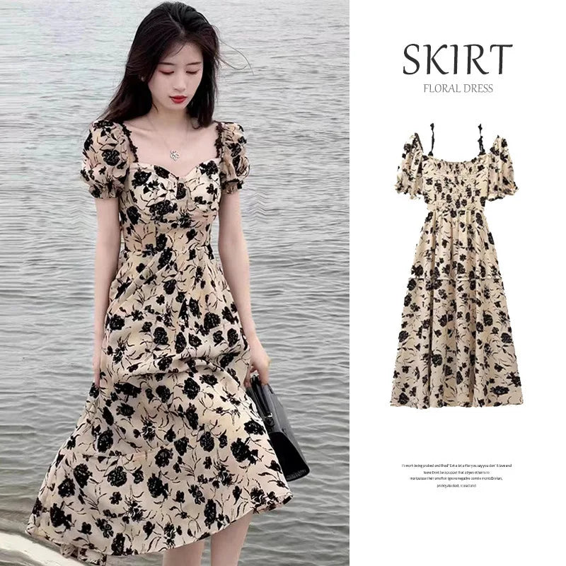 Summer Floral Midi Dress Bubble Sleeve High Waist Chic
