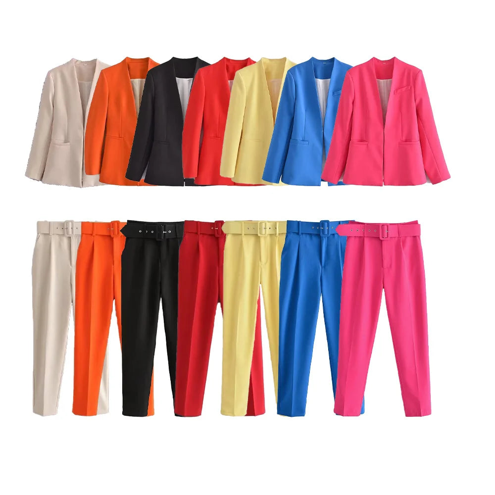 Summer Solid Color Women's Suit Set Casual Top And Straight Pants Two Piece Outfit For Business Or Leisure