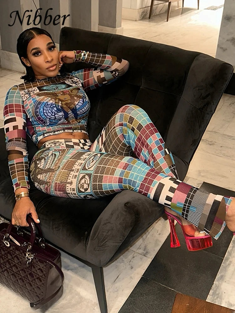 Women Pixel Print Mesh Long Sleeve Crop Top And Leggings Two Piece Set Tracksuit For Streetwear Comfort