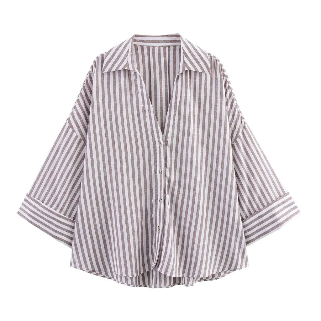 UNIZERA Women’s Collared Shirt with Wide Sleeves Simple Striped Single Breasted Stylish Spring Top in soft stripes.
