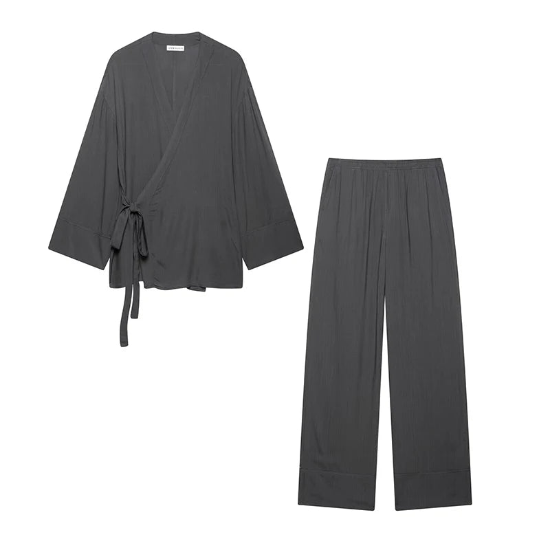 Willshela Women’s Two-Piece Grey Bow Lace-Up Blouse and Vintage Elastic Waist Trousers Set Chic Casual Pants Outfit.