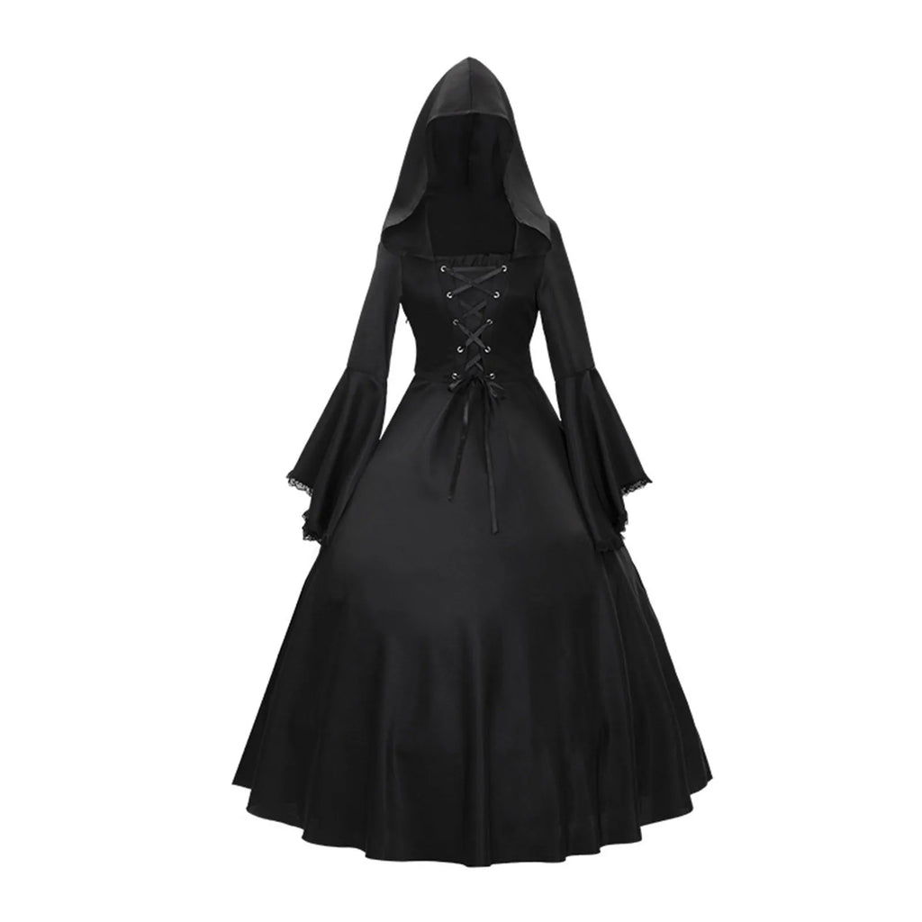 Gothic Hooded Long Sleeve Dress With Lace Flare Sleeves