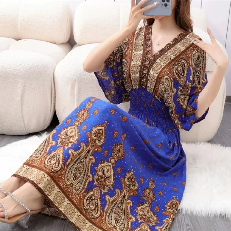 Bohemian Ethnic Print Midi Dress V Neck With Batwing Sleeves