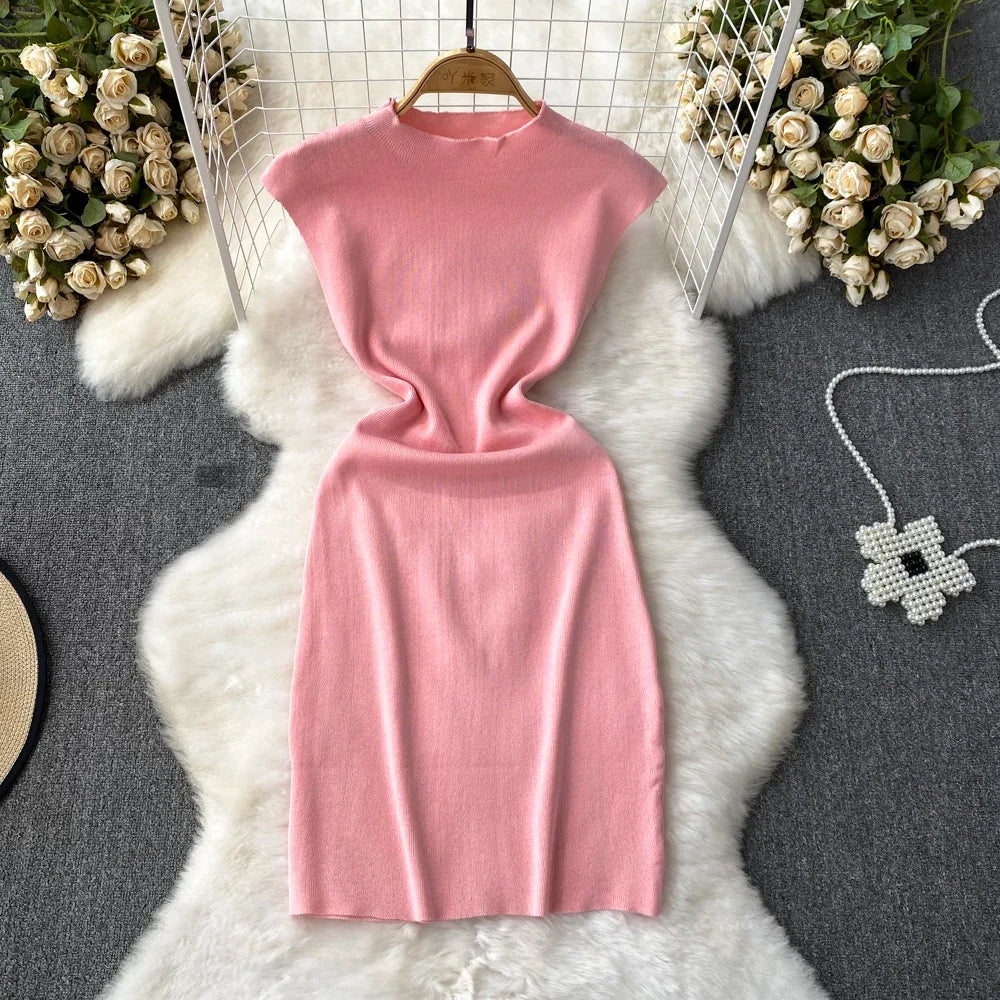 Pink Backless Summer Knit Bodycon Beach Dress for Women