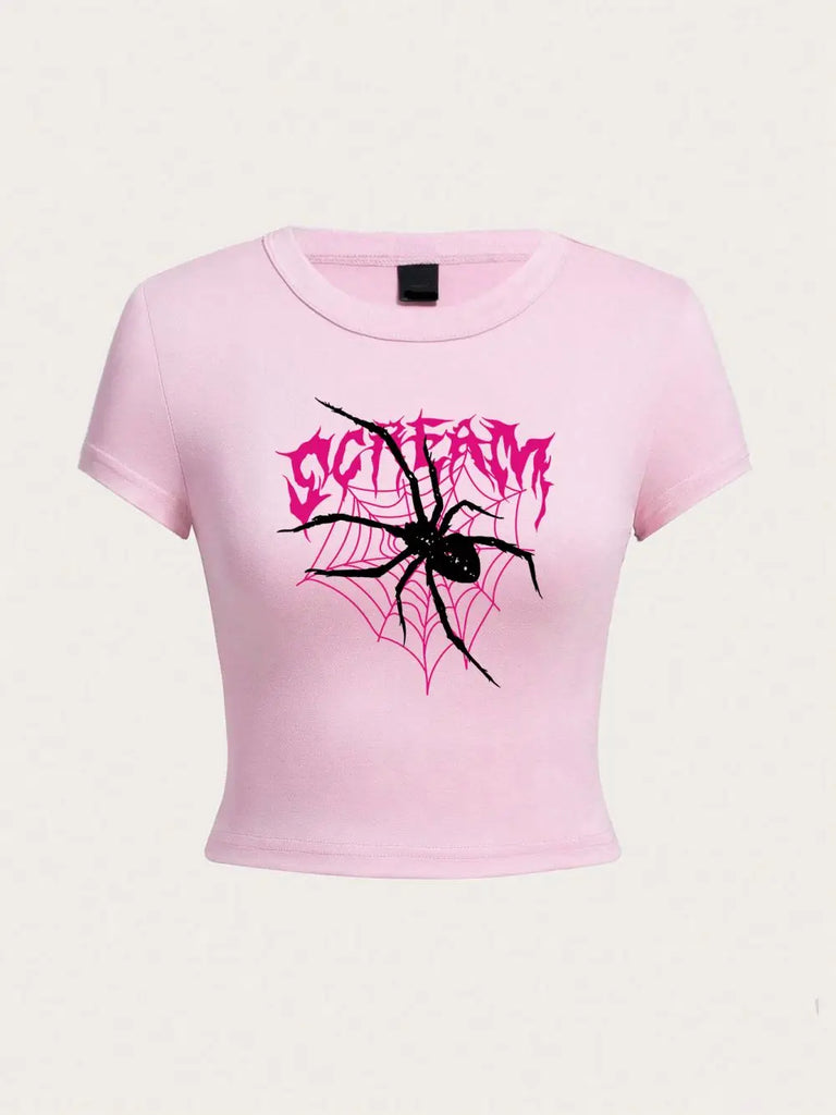 Harajuku Style Women Crop Top with Scream Spiders and Cobwebs Print Comfortable O Neck Soft Streetwear Shirt