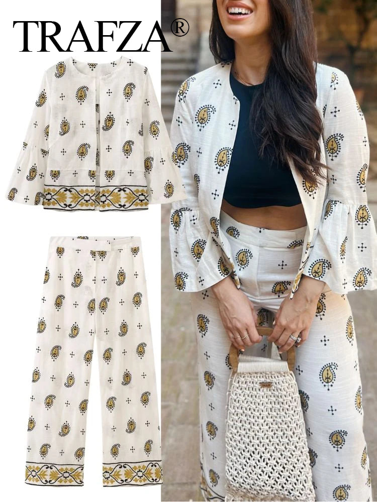 Stylish Vintage Women Embroidered Cardigan Coat and Wide Leg Trousers 2 Piece Outfit Set by TRAFZA, perfect for any occasion.