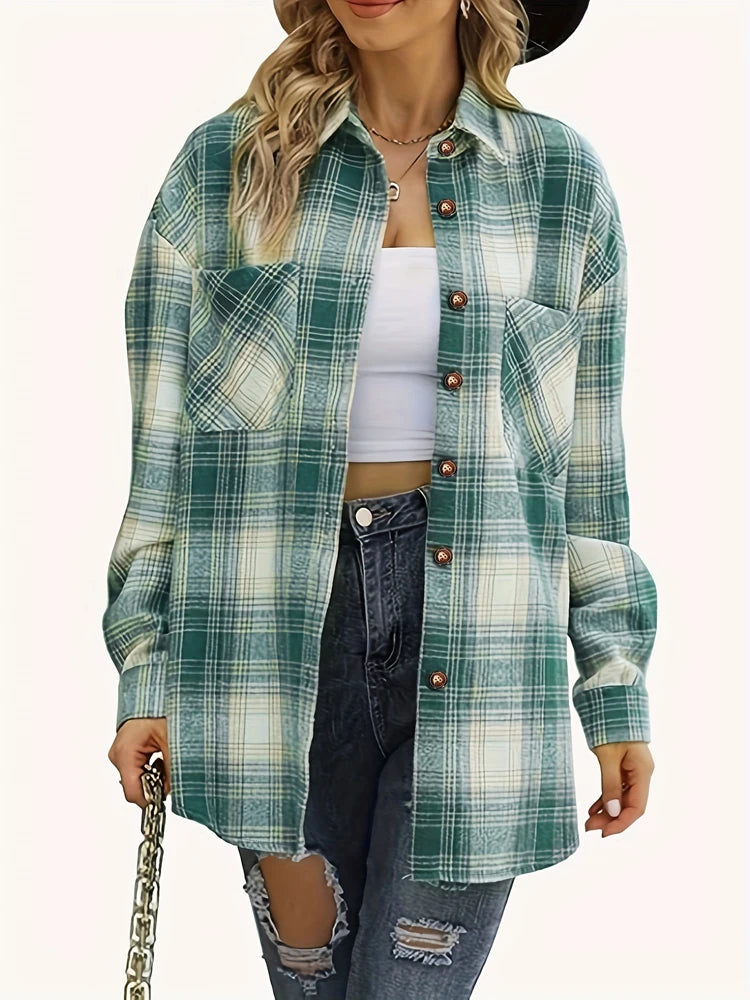 Stylish Women's Lightweight Flannel Plaid Shirt Jacket with Straw Buttons, perfect for spring and summer outings.