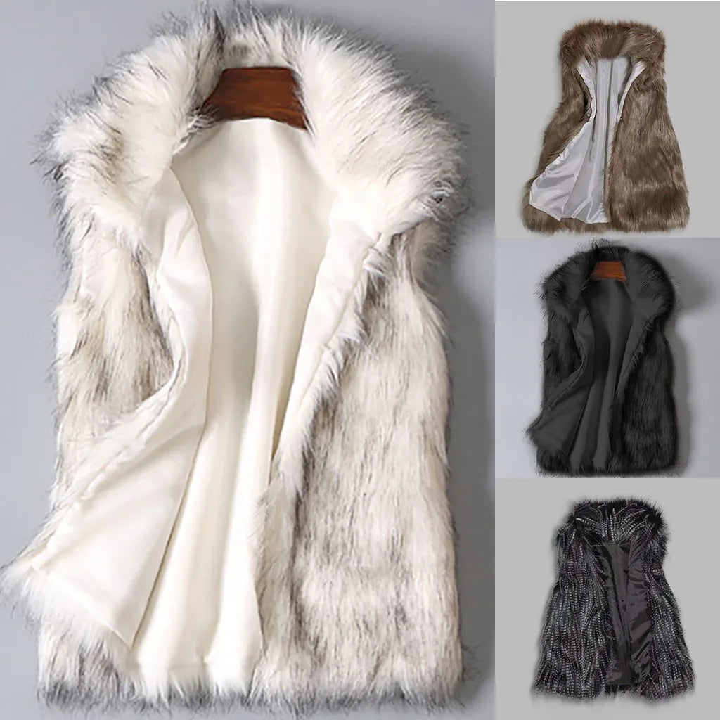 Winter Wool Vest With Faux Fur Stand Collar Coat Windproof