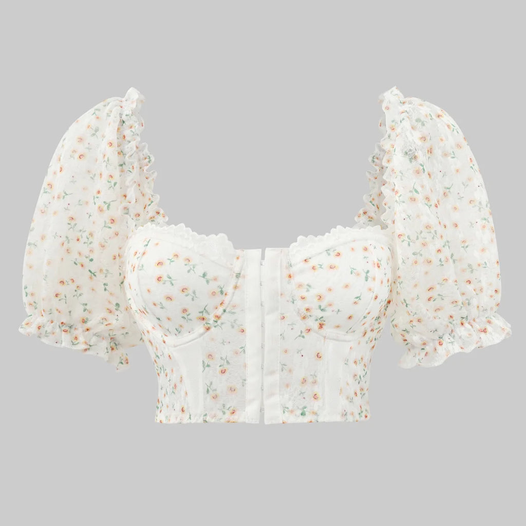 Chic Sexy Lace Embroidered Hollow Out Short Sleeve Bodycon Blouse with Backless Design and Printed Puff Sleeves.