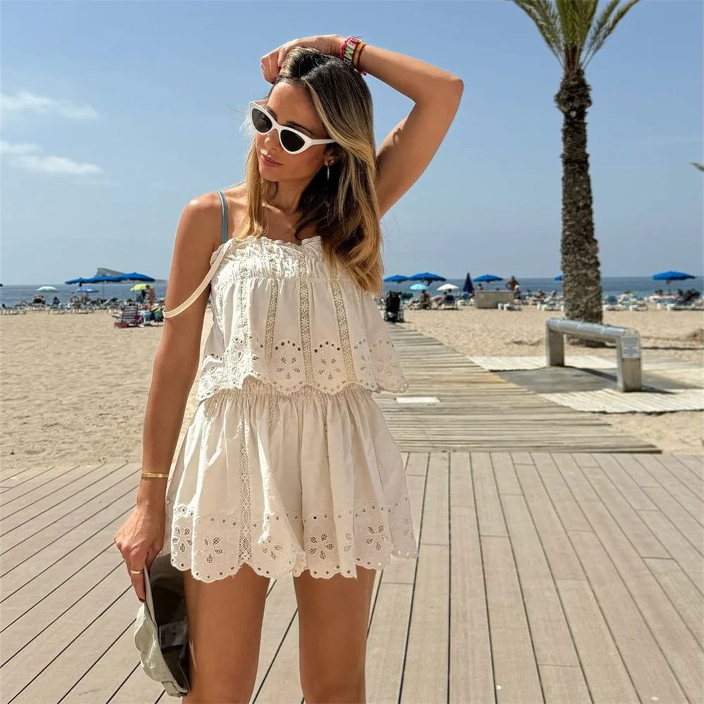 Stylish Slim Fit Embroidered Strap Top and High Waist Shorts Set for Women, perfect for an elegant summer look by PB&ZA.