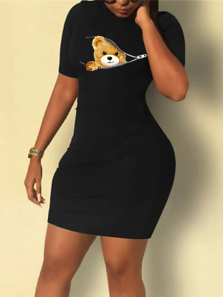 Bear Print Bodycon Dress With Short Sleeves Crew Neck