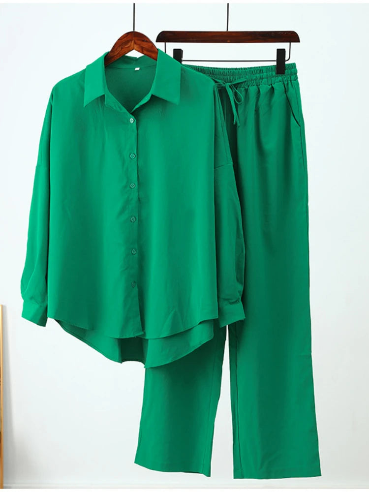 Stylish Summer Casual Outfits for Women Loose Long Sleeve Shirt and Wide Leg Pants Two Piece Set in vibrant green.