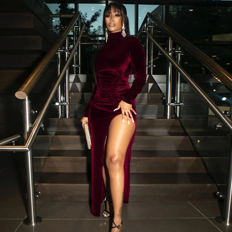 Velvet Dress With High Neck Long Sleeve Pleated Slit