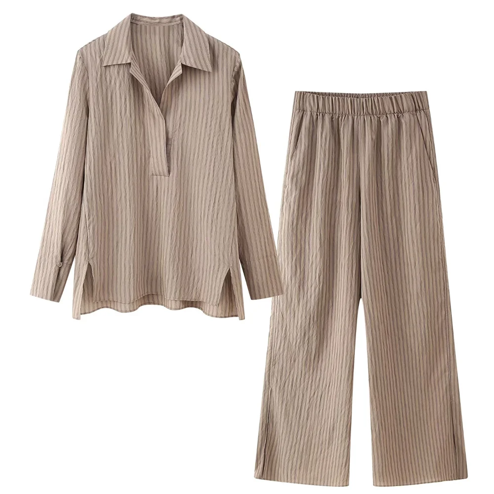 Elevate your style with the Women's Comfortable Casual Set Striped Collared Long Sleeve Shirt with Elastic Waist Wide Leg Pants.