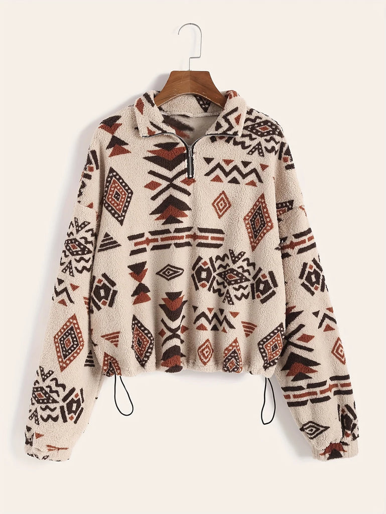Cozy Aztec Print Fleece Zip Up Sweater for Women Warm