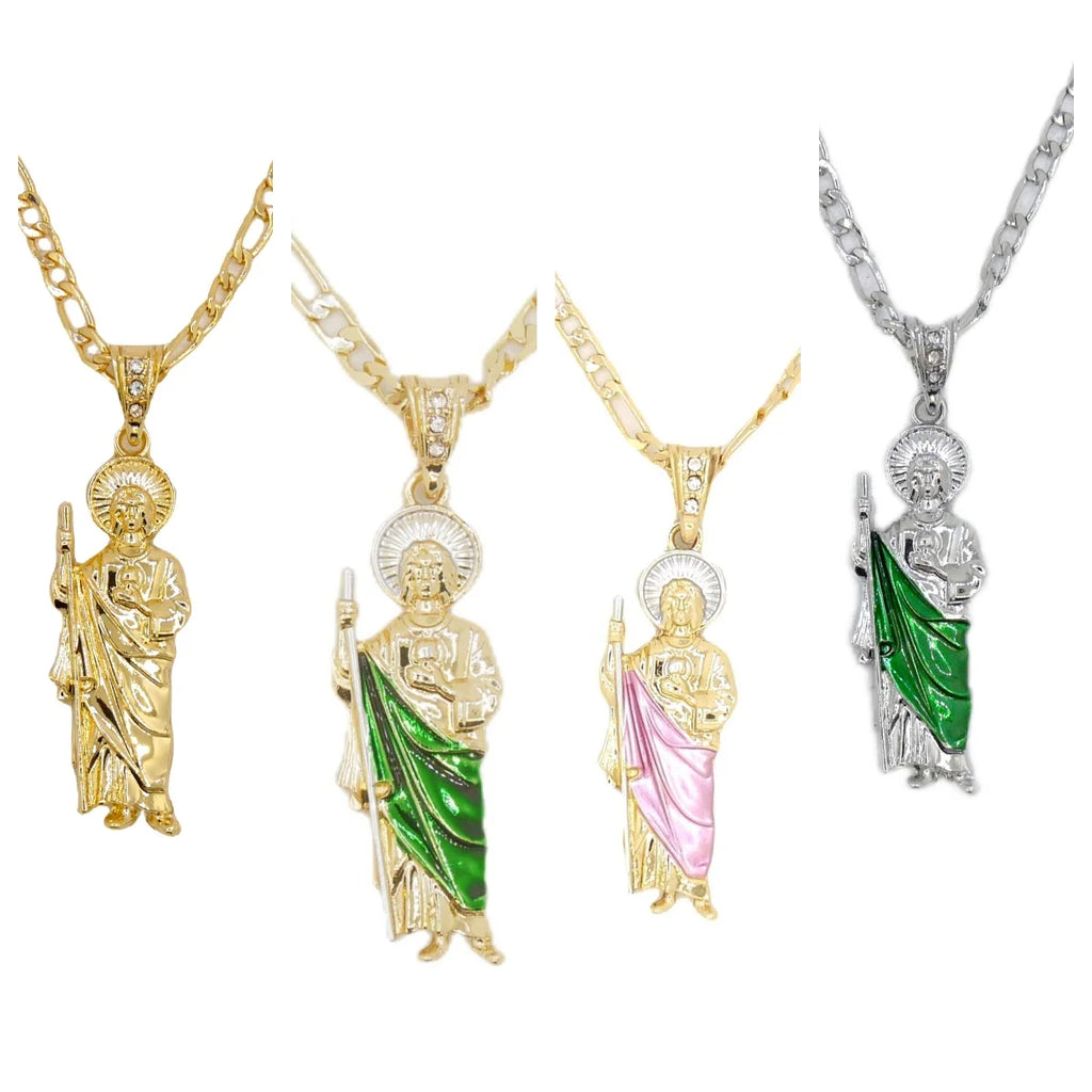 Stylish 14K Gold Plated Saint Jude Necklace with San Judas Pendant and Figaro Chain, perfect for spiritual guidance.