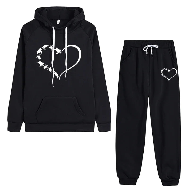Women's Tracksuit Set With Hoodie And Heart Print Casual Jogging Suit With Pants
