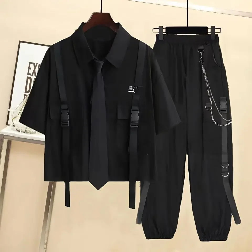 Women’s Streetwear Cargo Pants Set with Chain Detail and Harajuku Style Loose Joggers and Blouse in Black for summer.