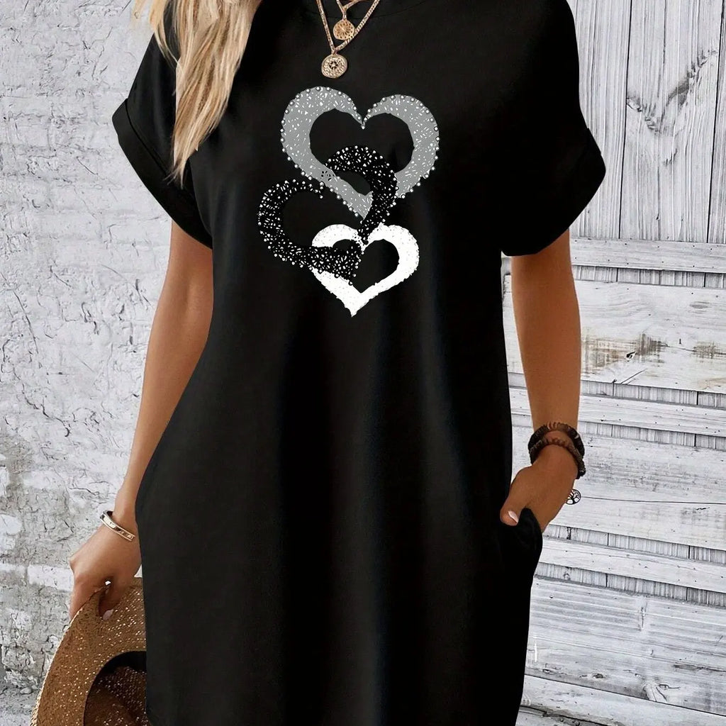 Heart Print Pocket Dress For Women Casual Summer Wear