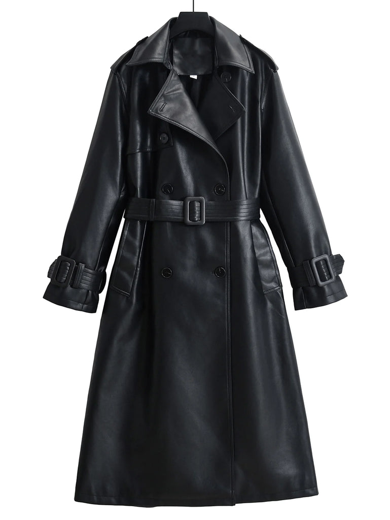 Women Long Faux Leather Trench Coat Lapel Open Front Belt